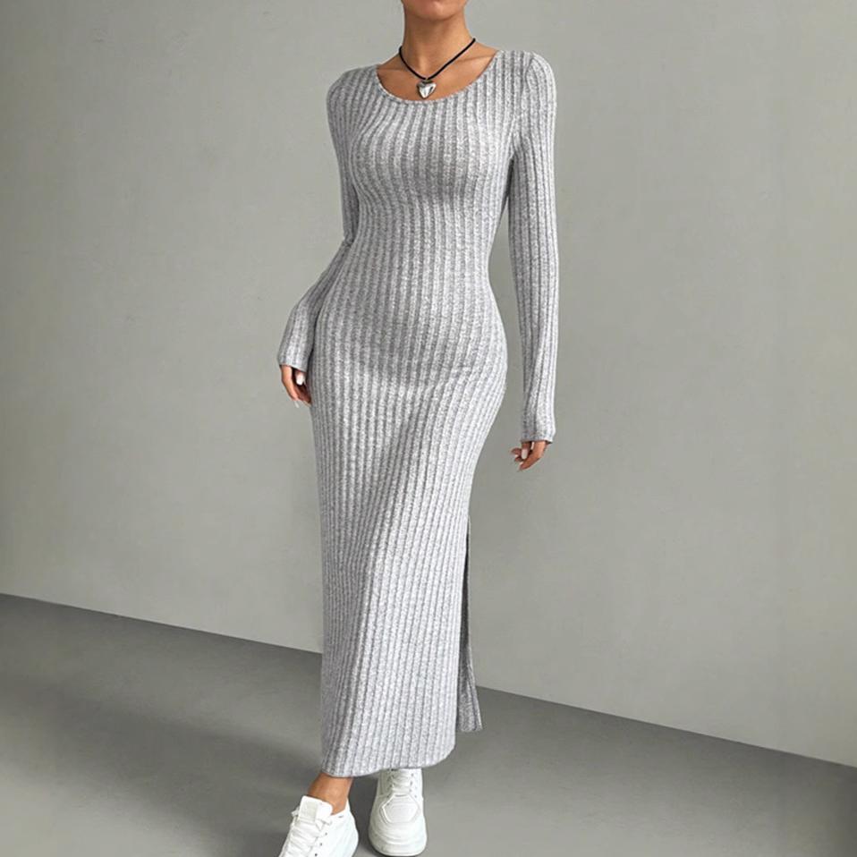 Spring Autumn Solid Long Sleeve O-neck Gray Maxi Dress Women Fashion Elegant Skinny Straight Side Slit Knitted Dresses Clothing