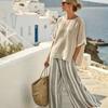 European and American summer women's clothing new 1D printing striped color matching medium-sleeved round neck top straight casual suit