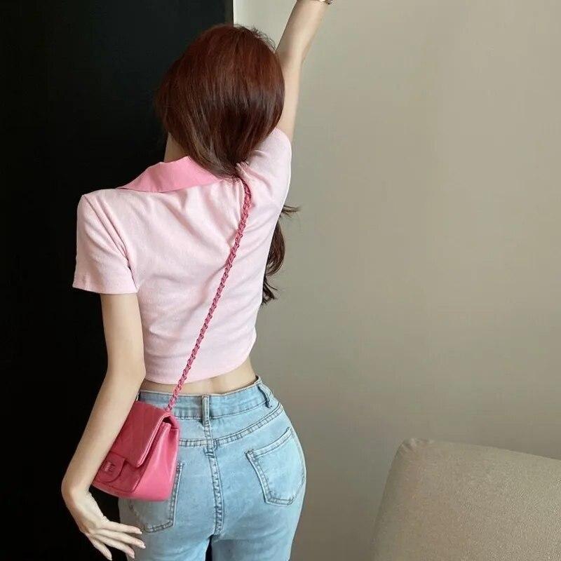Модная летняя футболка с воротником-поло, хлопковая трикотажная рубашка-поло Y2k, женская повседневная укороченный топ в стиле Харадзюку для девочек, корейские сексуальные тонкие футболки