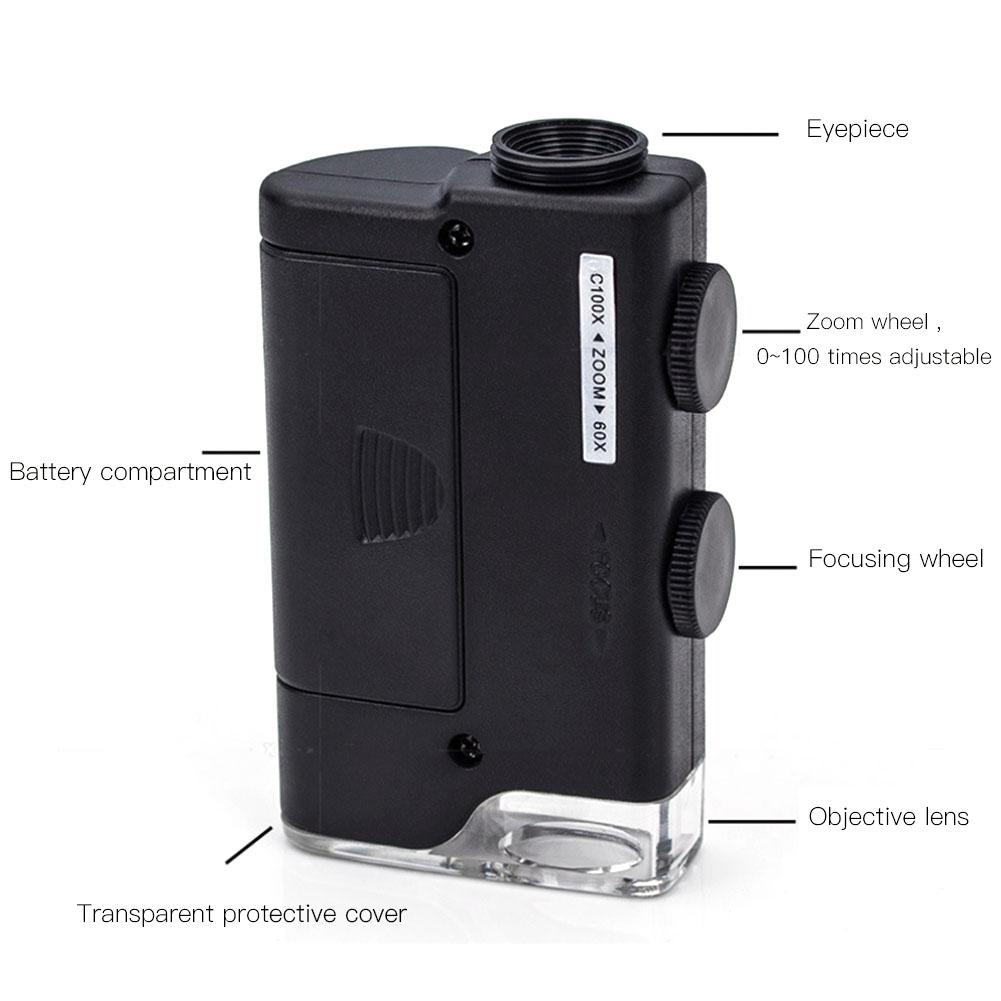 Микроскоп для телефона Увеличитель 60~100-кратное увеличение со светодиодной и УФ-подсветкой Наблюдение за крошечными объектами