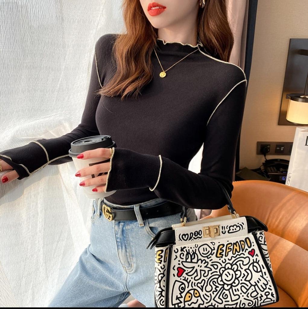 Женский двухсторонний топ-базовый слой из немецкого флиса, теплый, с полувысоким воротником, с оборками, с длинным рукавом, футболка для осени и зимы