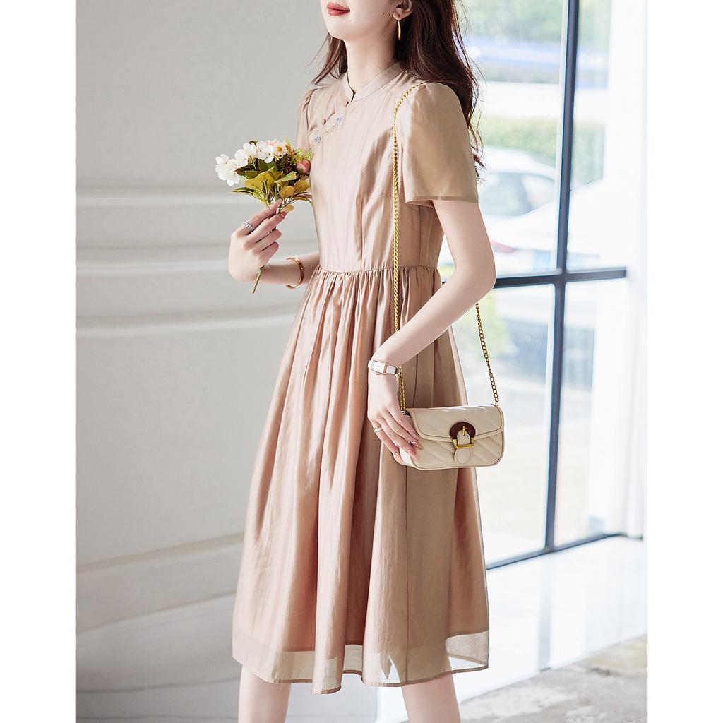 Элегантное платье с А-образным стежком на лето, новое платье для женщин со стоячим воротником и пуговицами, средней длины