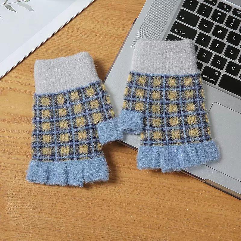 Female Checkerboard Winter Half-Finger Gloves Warm Half Open Finger Korean Version Student Writing Winter Typing Computer
