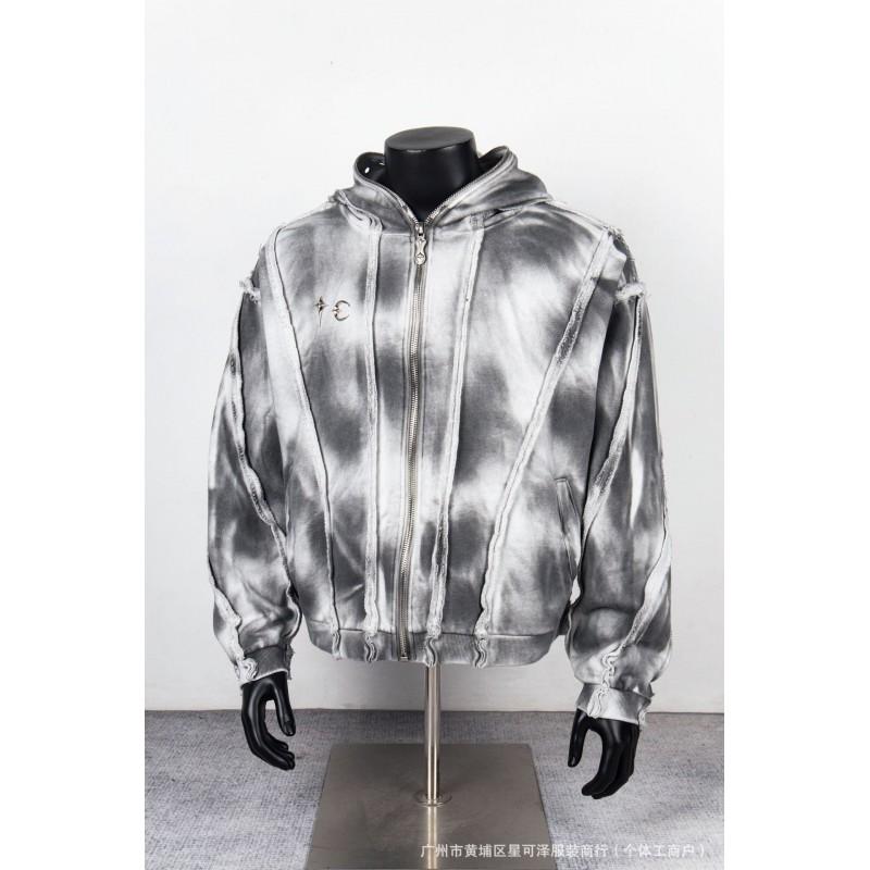 Distressed Oversized Hooded Zip-Up Sweatshirt Streetwear Loose Fit Cotton Pullover Men Fall