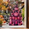 Easy Apply Halloween Window Ornaments 9 Pcs Pink Static Clings, Cute Skull Witch Castle Bat Pumpkin Festive Glass Decorations for Classroom