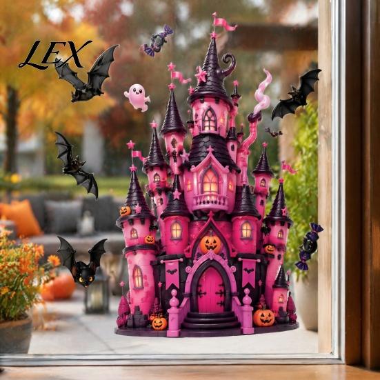 Easy Apply Halloween Window Ornaments 9 Pcs Pink Static Clings, Cute Skull Witch Castle Bat Pumpkin Festive Glass Decorations for Classroom