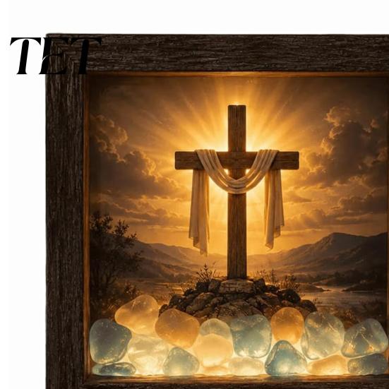 Christian Wall Art Decor Coastal Lighthouse Sea Glass Shadow Box Night Light, LED Nativity Scene for Mounted Wooden Frame Decor, Faith Religious Home