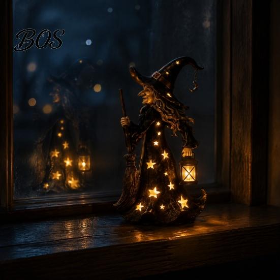 Handcrafted Holiday Table Centerpiece Halloween Witch Figurine with Star Light, Resin Tabletop Nightlight Lantern, Seasonal Home Entrance Decor Wizard