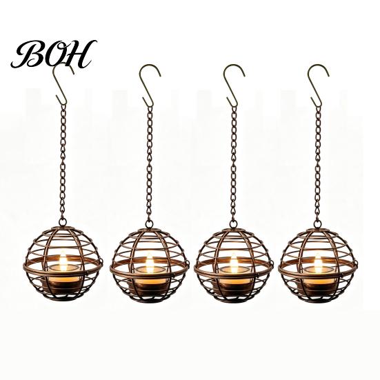 Rustic Iron Sphere Lamps Solar Hanging Lantern, Outdoor Waterproof Lantern with Tea Light, Durable Metal Lanterns Ball Candle Holder for Backyard