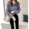 Autumn Women's Korean-Style Striped Doll Collar Shirt - Large Size, Loose, Chic, Hong Kong Inspired Long-Sleeves