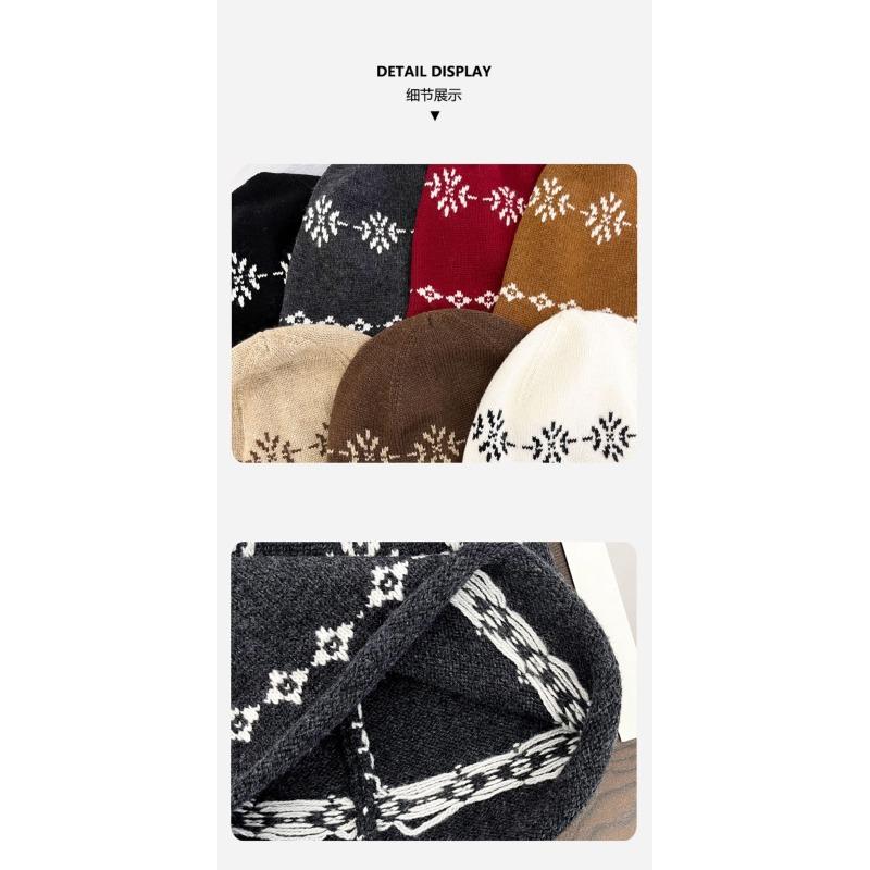 Women S Fair Isle Knit Slouch Hat Cuffed Autumn Winter Versatile Face Slimming Hat