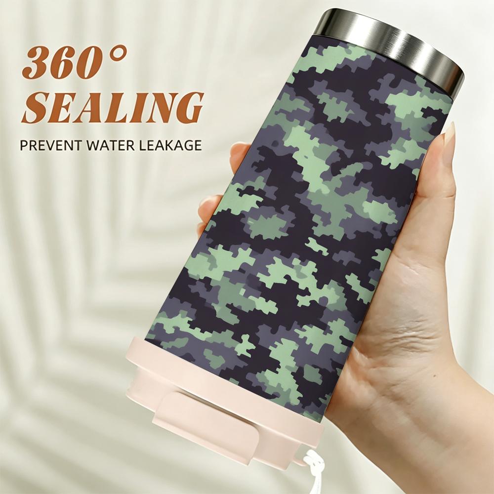 Green Digital Camouflage Pattern Stainless Steel Insulated Coffee Tumbler Reusable Thermal Cup,Portable Vacuum Mug for Outdoor Travel