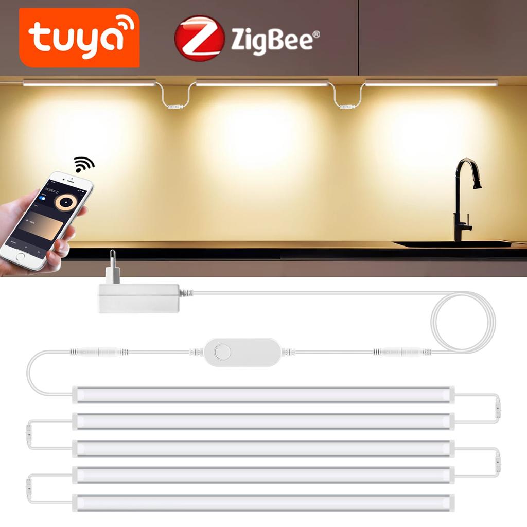 Tuya Zigbee LED Cabinet Light Bar Kit WiFi Алюминиевая трубчатая лента с регулируемой яркостью Кухонная полка Декор для шкафа Google Alexa Голосовое управление