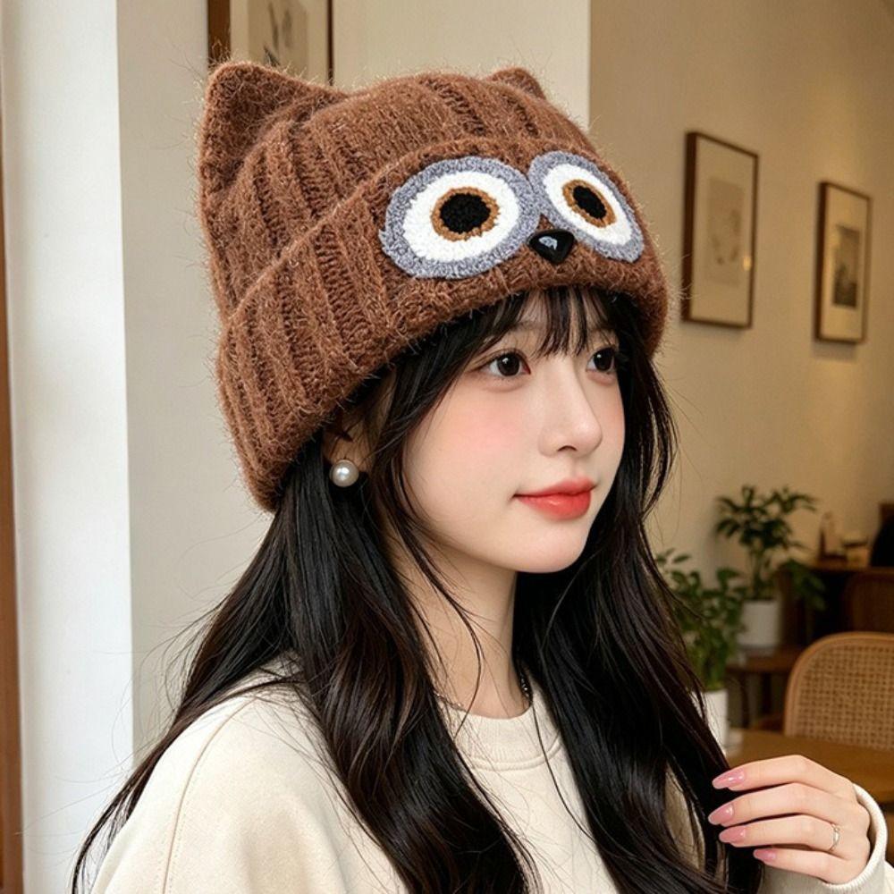 Knit Design Woolen Winter Cap Thick Material Plush Warm Hat Cute Owl Pattern Hat Cartoon Themed