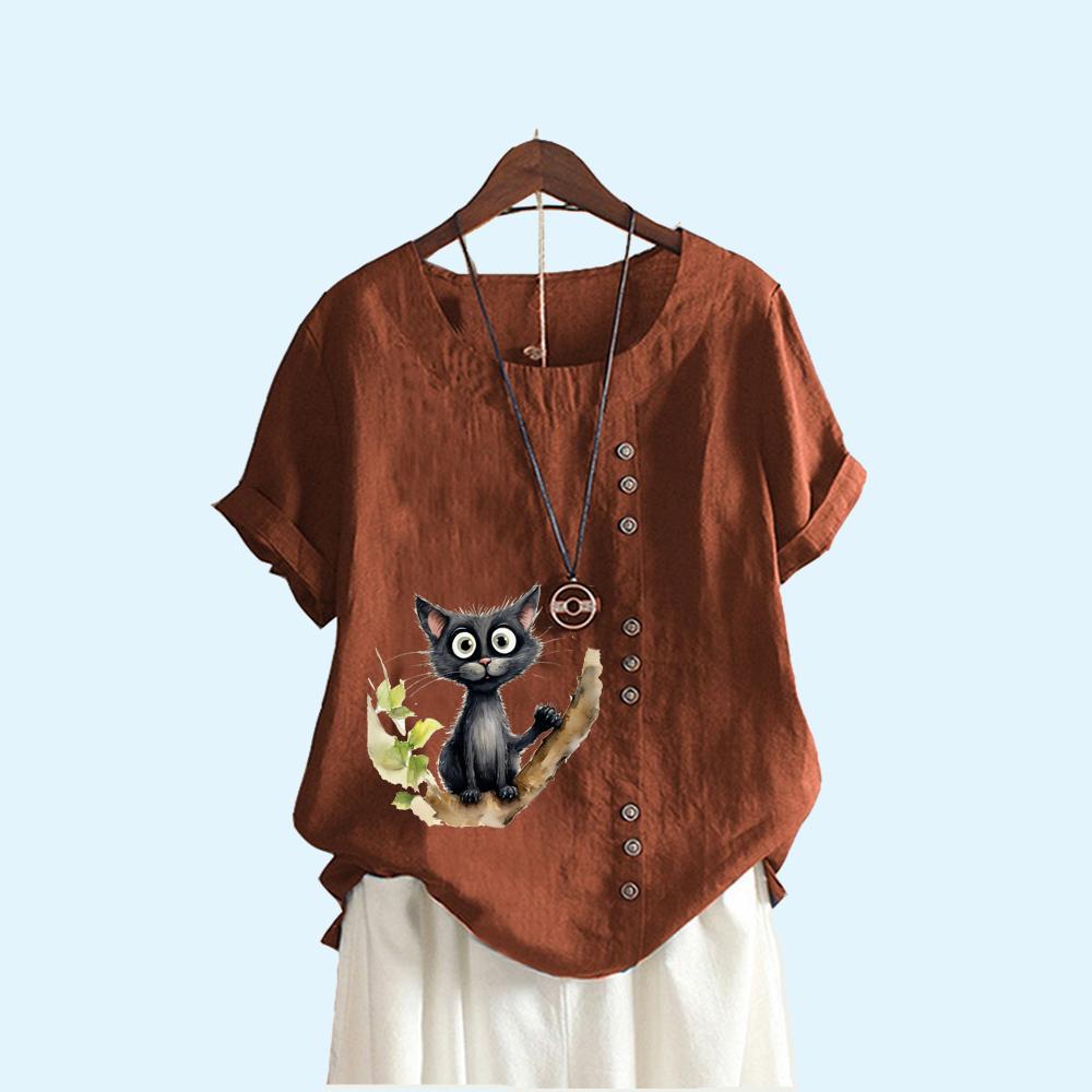 Женская свободная льняная блузка, женская модная летняя повседневная футболка с круглым воротником и принтом кота