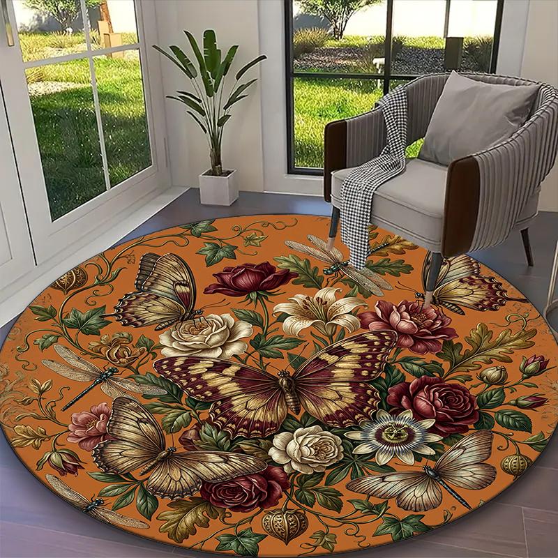 1pc Teal Checkered Butterfly Floral Printed Chair Rug for Home Office Use, Living Room Kitchen Game Room Round Carpet