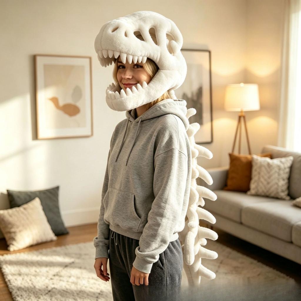 Dinosaur Skeleton Head Hood Plush Costume with Bone Frame for Kids Adults, Cute Dinosaur Skeleton Suit Cosplay Toy Gift 90/120cm