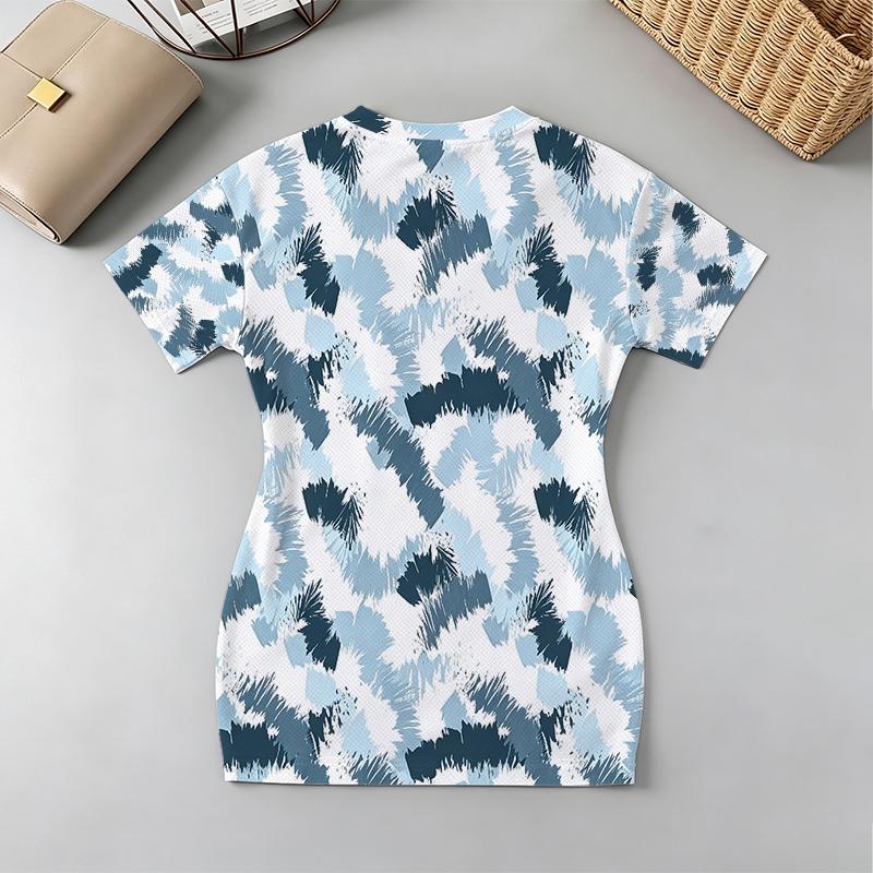Fitted V-Neck Short Sleeve Dress,Blue White Ombre Print,Hot Girl Vibes,Soft Fabric,Versatile for Daily,Casual & Beach Trips