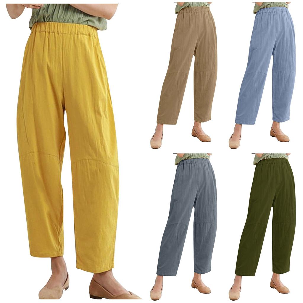 Women's Solid Color Large Size Loose Pocket Cotton Linen Casual Trousers