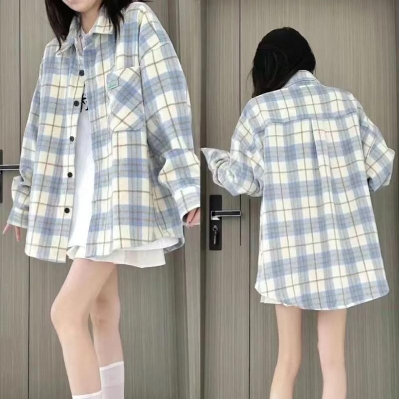Long Sleeve Plaid Loose Fit Cotton Shirt For Women