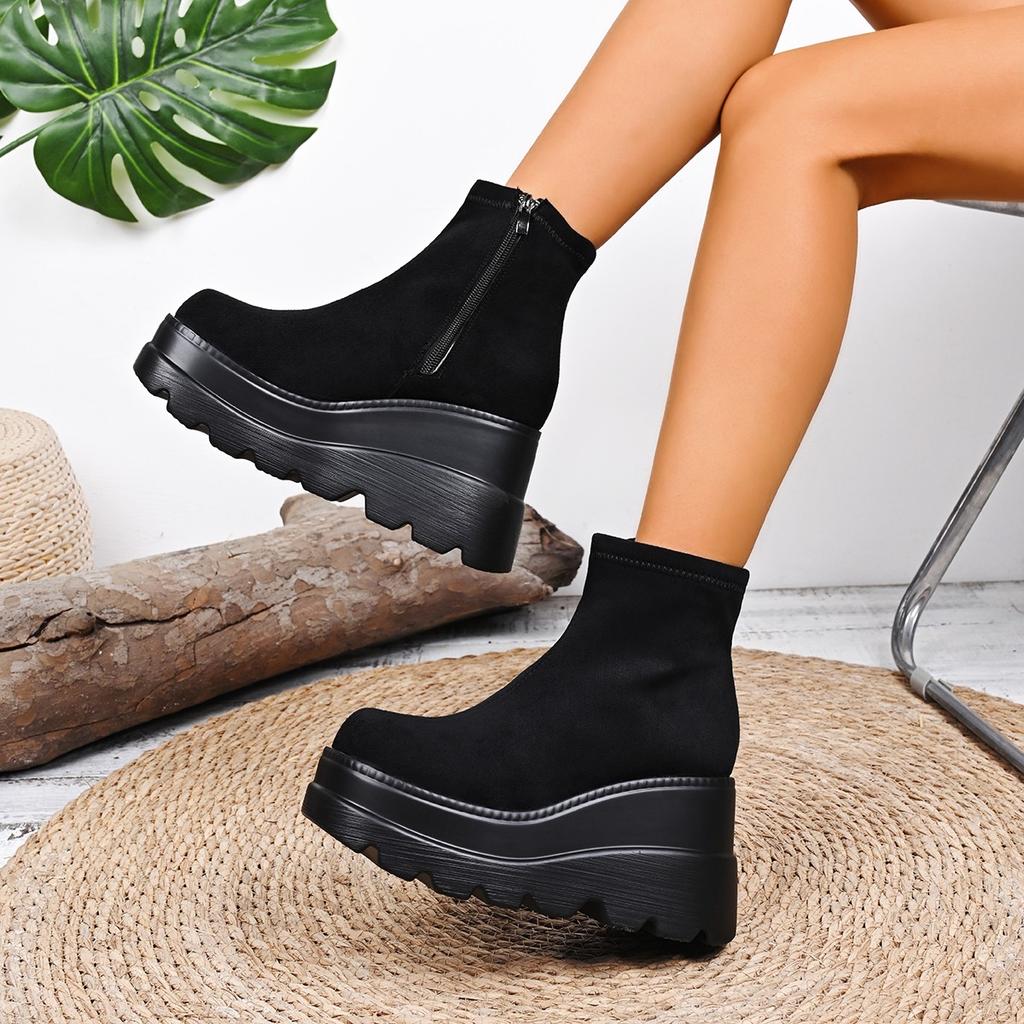 Fashion Fall Winter High Platform Boots Women Stretch Fabric Wedges Ankle Boots Women Punk Style Party Goth Shoes Woman Big Size 43