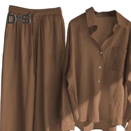 2 шт./компл., женская рубашка больших размеров, комплект брюк, сплошной цвет, блузка с воротником с лацканами и длинными рукавами, высокая талия, свободные широкие брюки, комплект, повседневная одежда для поездок на работу