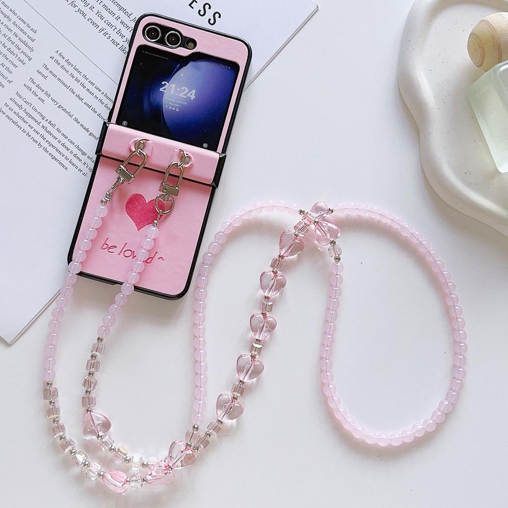 For Samsung Galaxy Z Flip7 FE 5G/Z Flip6 5G Case Heart Pattern Leather+PC Phone Cover with Crossbody Beaded Strap