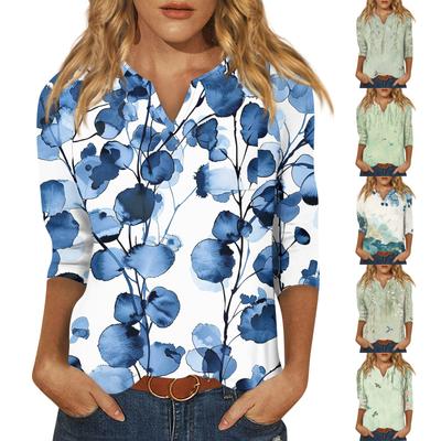 Женская модная рубашка, повседневная рубашка с рукавами реглан, карман, V-образный вырез, рукав 3/4, свободная футболка с принтом, женский топ