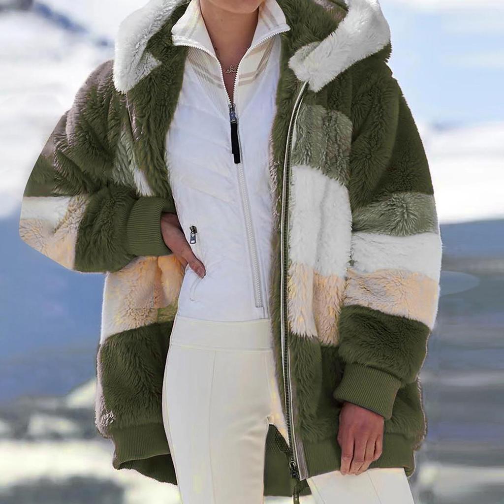 Женское модное зимнее свободное плюшевое пальто с длинным рукавом и карманом на молнии с капюшоном