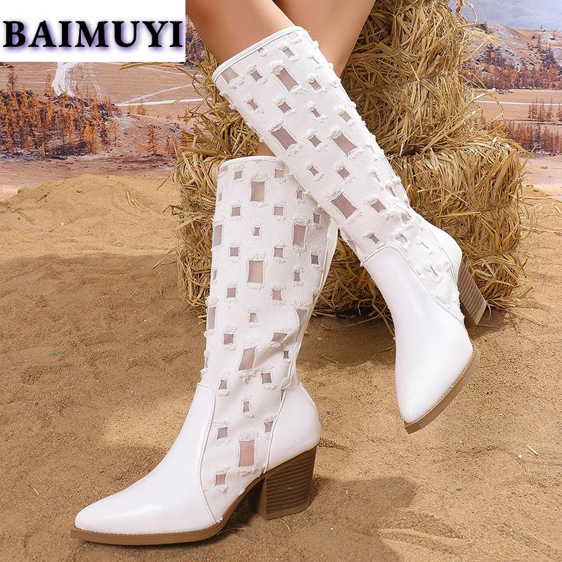 Сексуальные сапоги до колена, женские туфли с острым носком и высоким каблуком, тренд 2025 года, дизайнерские массивные ботинки челси, полые туфли-лодочки Mujer Botas