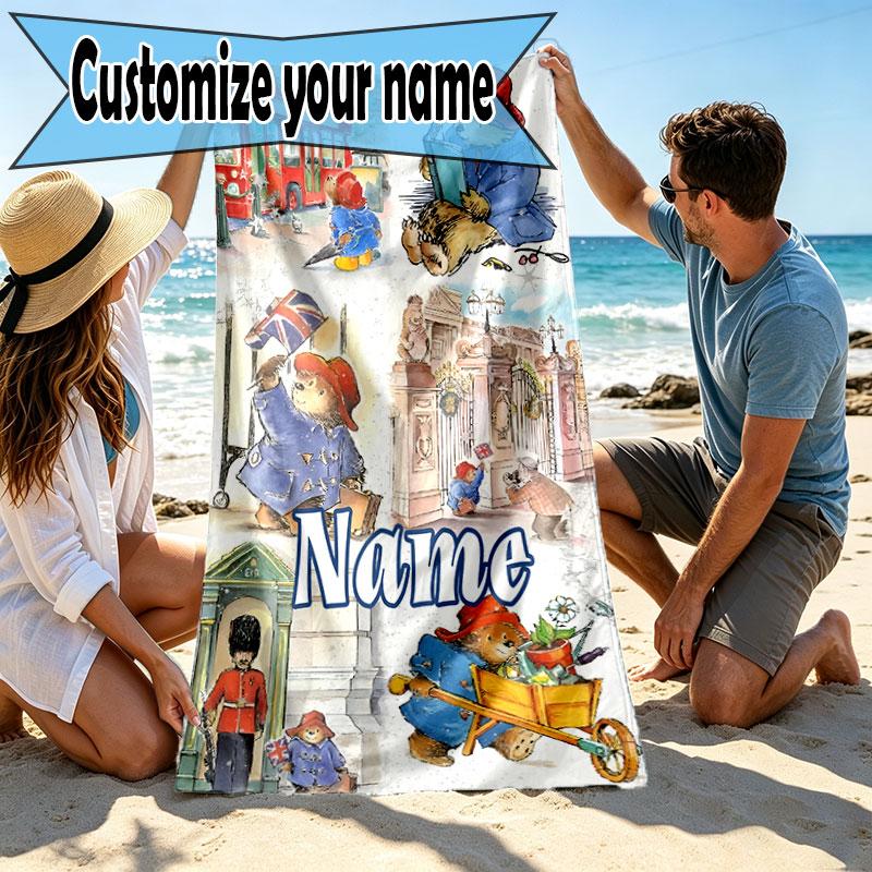 Custom Name Personalized Paddington Bear Print Beach Towel, for Trip Camping Beach Party Home Decor, Birthday Gift for Family & Friends