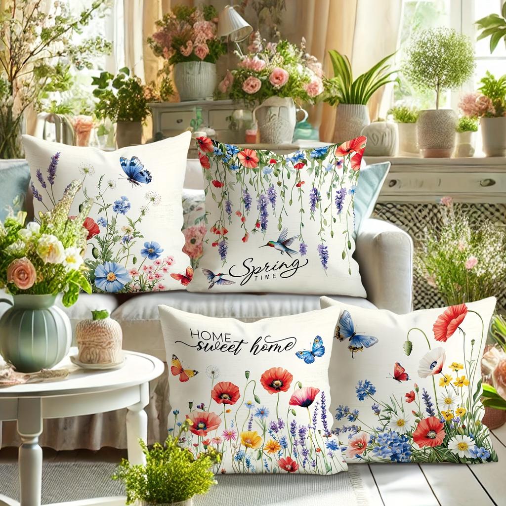 4Pc Floral Butterfly Pattern Home Decor Pillowcase Bedroom Living Room Sofa Decoration Polyester Cushion Cover With Zipper