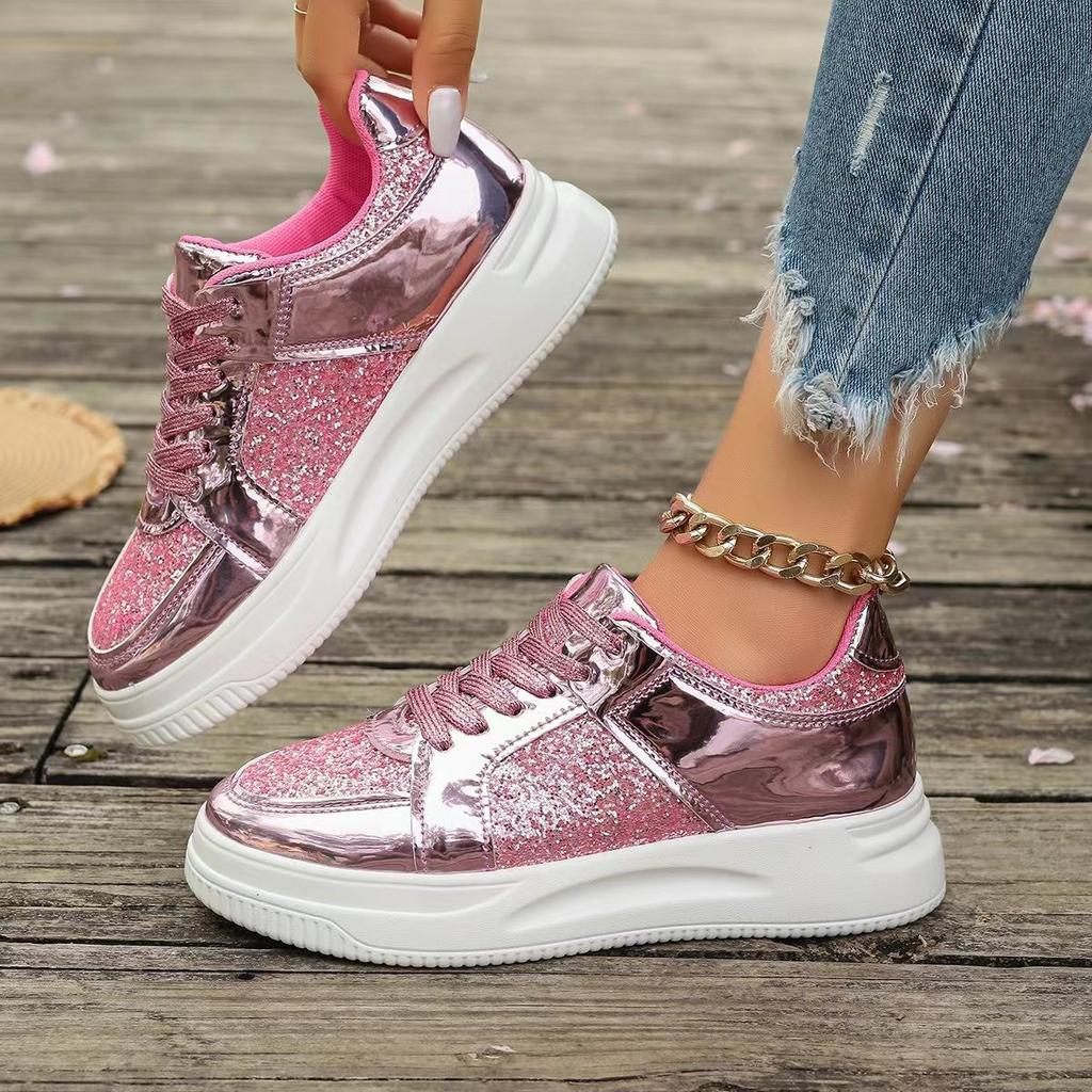 Women Sequin Upper Platform Sneakers Couples Casual Lace Up Ladies Shoes Plus Size