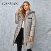 GASMA Winter Down Jacket Women Warm Long Classic Zipper Belt Design Pocket Hooded Slim Parkas Female Coat MG-81037