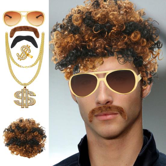 Wig Dress Up Set Necklace Ring Sunglasses Fake Moustache Vintage 80s Cosplay Party Disco Costume Photo Prop Performance Curly Wig