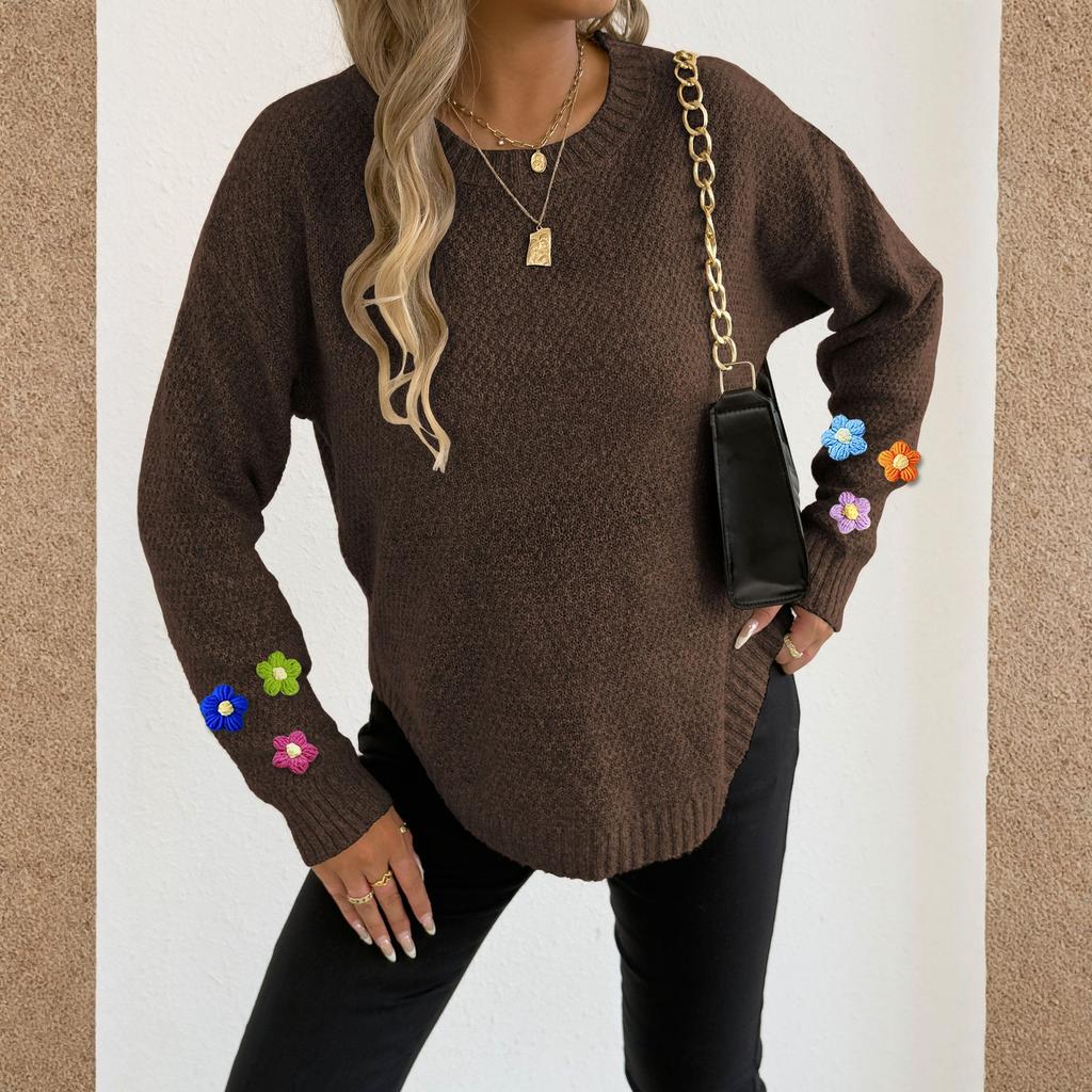 Женская футболка с винтажным цветочным принтом, круглым вырезом, свободная, с длинным рукавом, средней длины, с большим пальцем, с утечкой