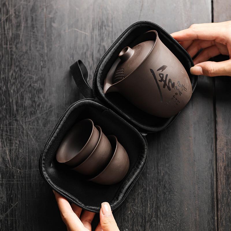Outdoor one pot three cups tea set portable purple sand express cup light luxury travel teapot gift