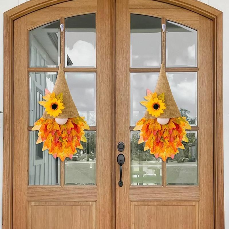 Осенние венки для входной двери, гном, кленовые листья, венок, украшение на День Благодарения