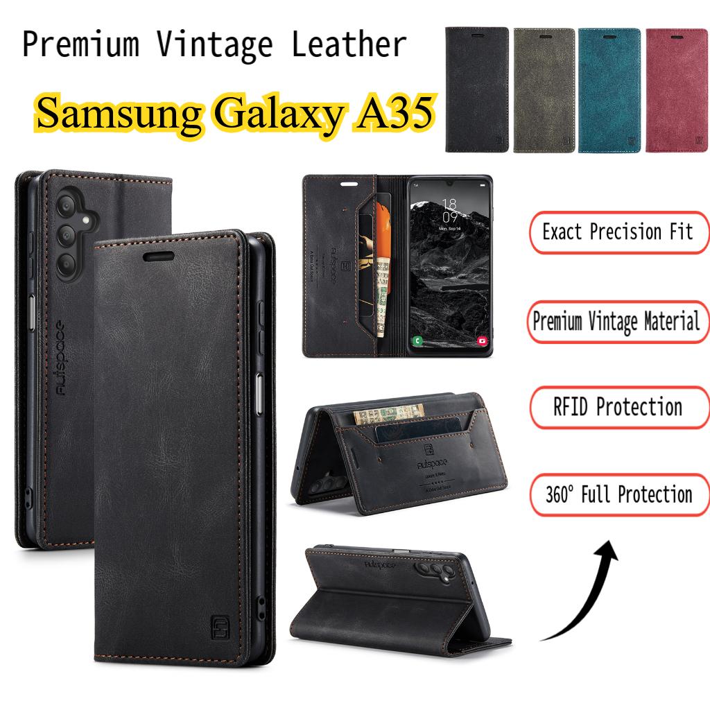 Премиальный винтажный кожаный чехол-книжка для Samsung Galaxy A35 - RFID-защита, откидная крышка со слотами для карт, противоударный ретро-стиль (4 цвета)