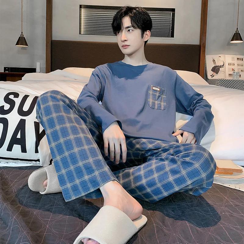 Пижамы мужские весенние и осенние с длинными рукавами, длинные брюки, простая домашняя одежда, тонкий хлопок, мужские большие размеры, весенние модели, костюм для отдыха