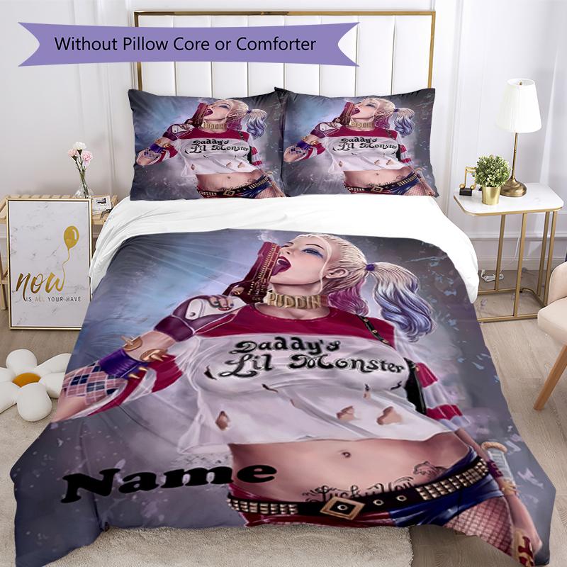 3pcs Custom Name Harley Quinn Bedding Set Duvet Cover Closure Includes 1 Duvet Cover & 2 Pillowcases, Soft and Comfortable for All Seasons.
