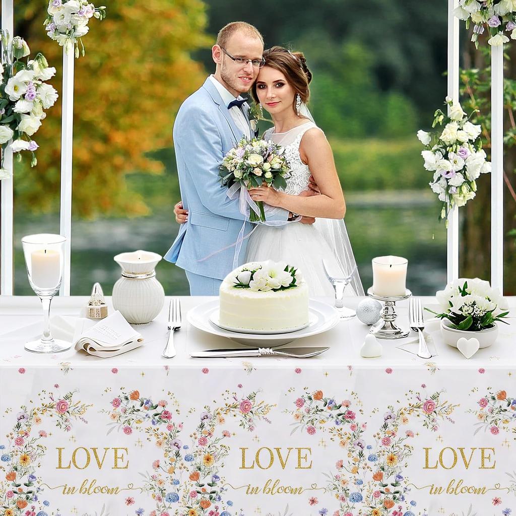 MEHOFOND 3 Pcs Love in Bloom Bridal Shower Tablecloth, Wildflower Wedding Showerr Plastic Disposable Tablecloth Rectangle Table Covers for Spring