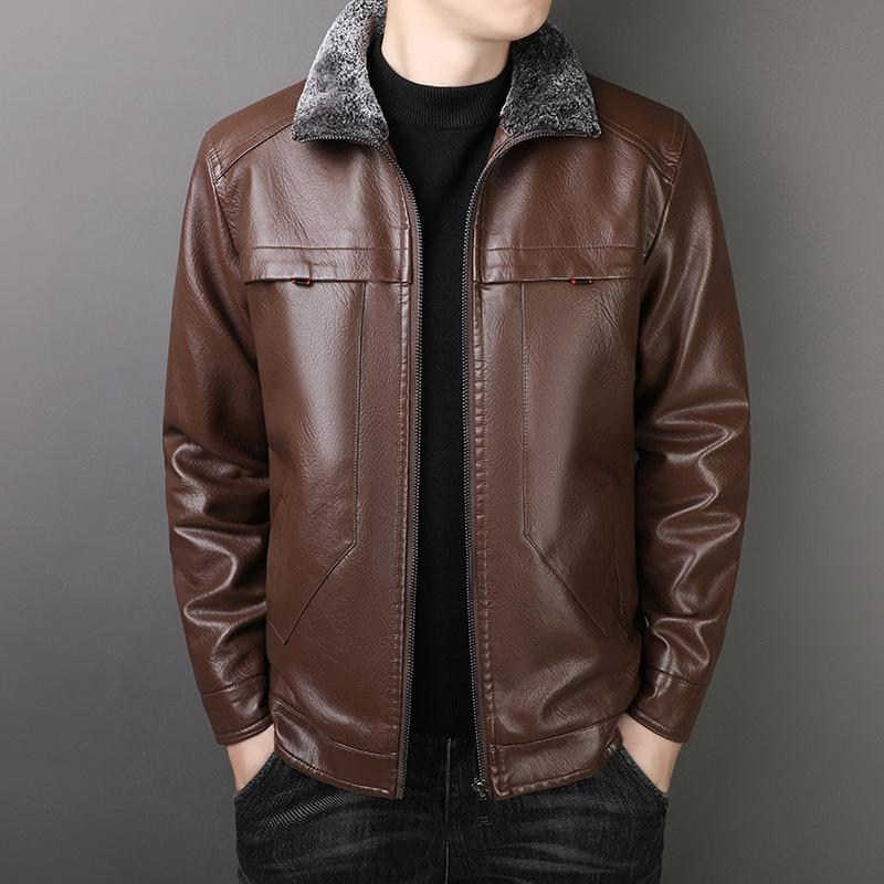 Winter Cashmere Coat Men's PU Leather Jacket Middle-aged Leather Jacket