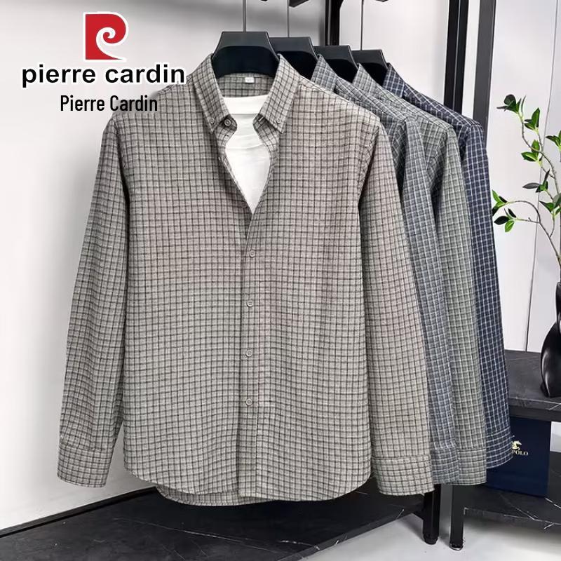 Pierre Cardin Мужская клетчатая хлопковая рубашка с длинным рукавом