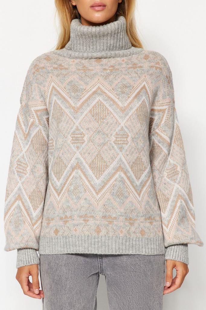 Women's Fashion New Sweater Gray Self-Patterned Knitwear Sweater