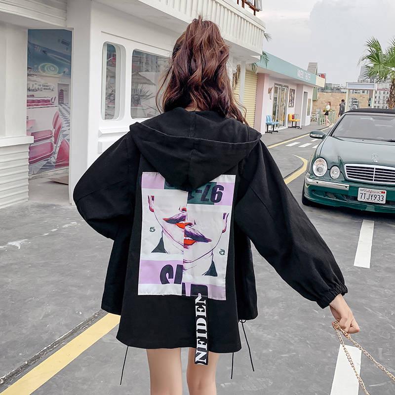 Casual Denim Jacket Women Trendy Print Coat Korean Style Loose Hooded Tops Retro Chic Short Clown Print Jackets Womens Clothing