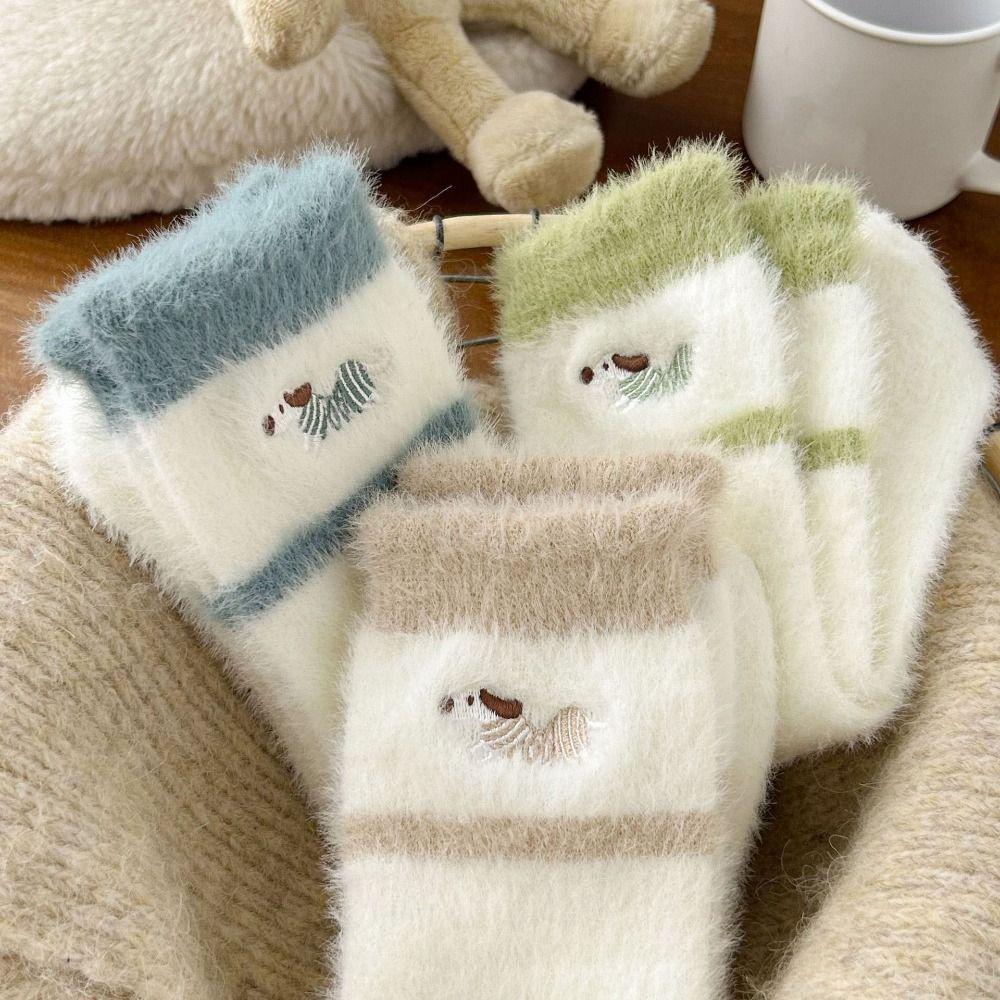 5Pairs Embroidery Mink Fleece Socks Puppy Dog Plush Floor Socks Winter Fluffy Socks  Autumn Winter