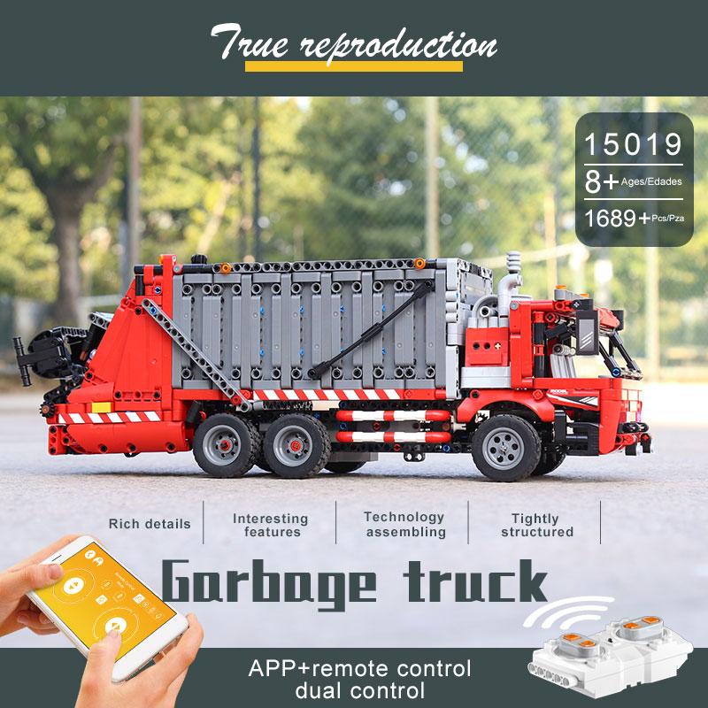 MOULD KING 15019 Технический автомобиль, игрушки для мальчиков, моторизованная модель мусоровоза, строительные блоки MOC-38031, кирпичи, детские рождественские подарки