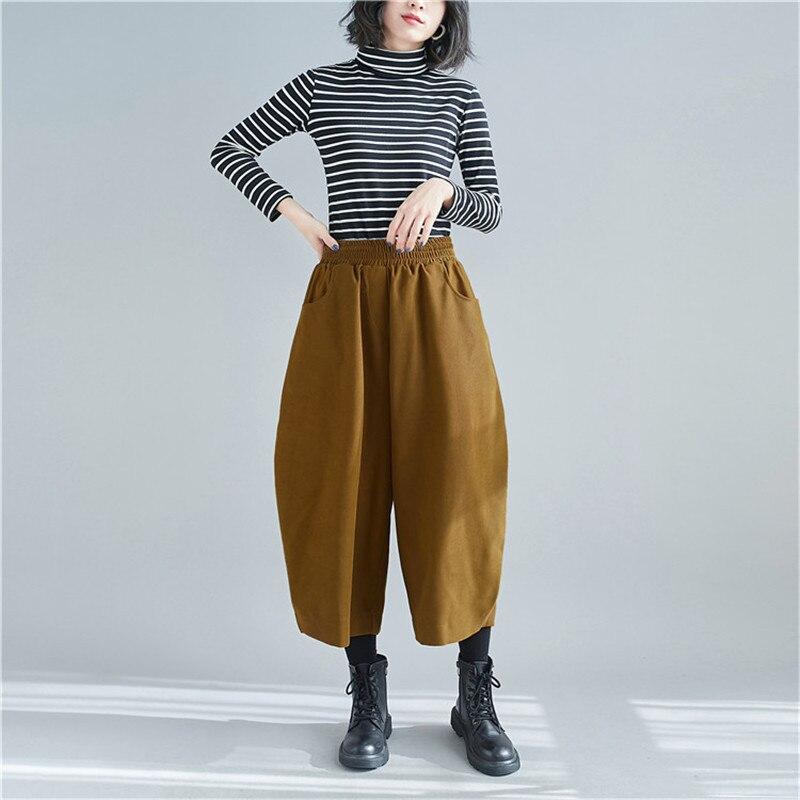 Johnature Spring Autumn Casual Thicken Harem Pants Simple Elastic Waist Loose Soild Color Ankle-lenght Women Pants