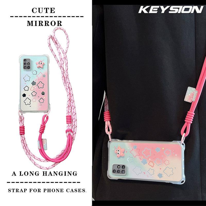 KEYSION Crossbody Strap Phone Case for Samsung A51 4G Cute Cartoon Long Lanyard Mirror Shockproof Cover for Galaxy A51